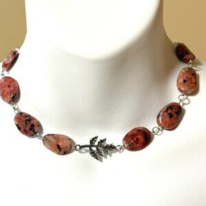 Genuine Black Pink Rhodonite Short Necklace, Gemstone & Leaf Branch Charm